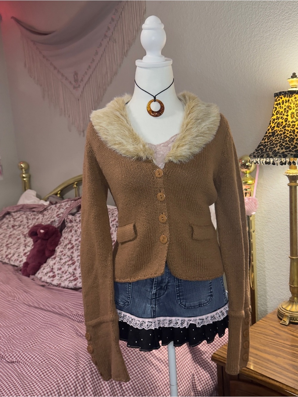 Y2K Brown Faux-Fur Collar Knit Cardigan